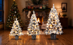 3-Piece Flocked Pre-Lit Christmas Tree Set with Warm White LED Lights - Flocked Finish