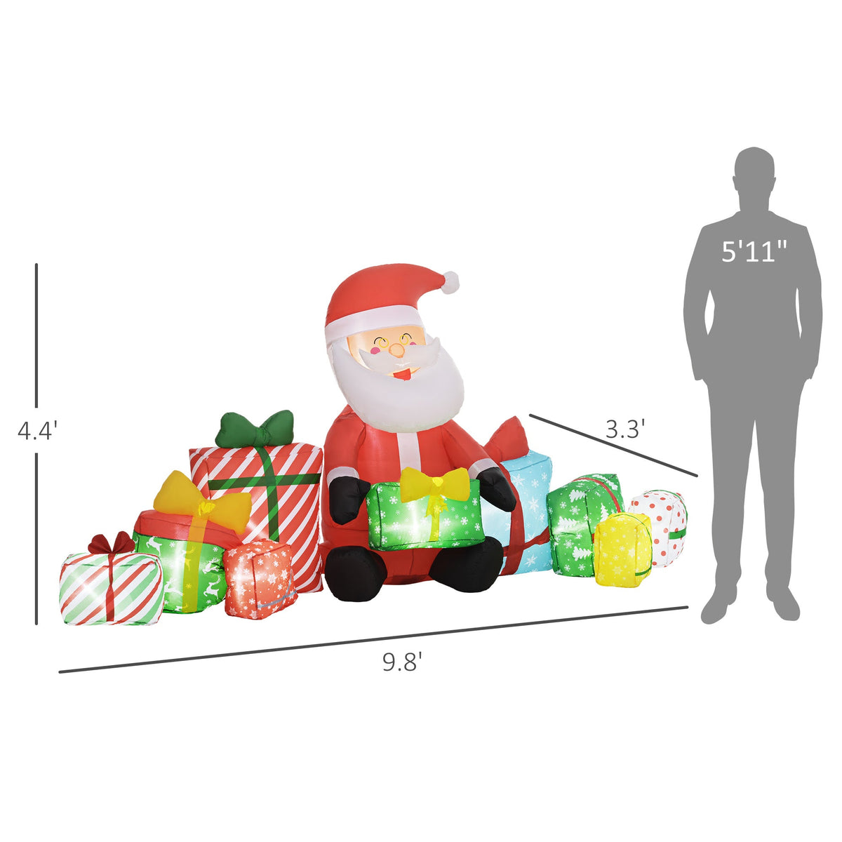 Inflatable Santa Claus with Gift Boxes and LED Lights - Red/White