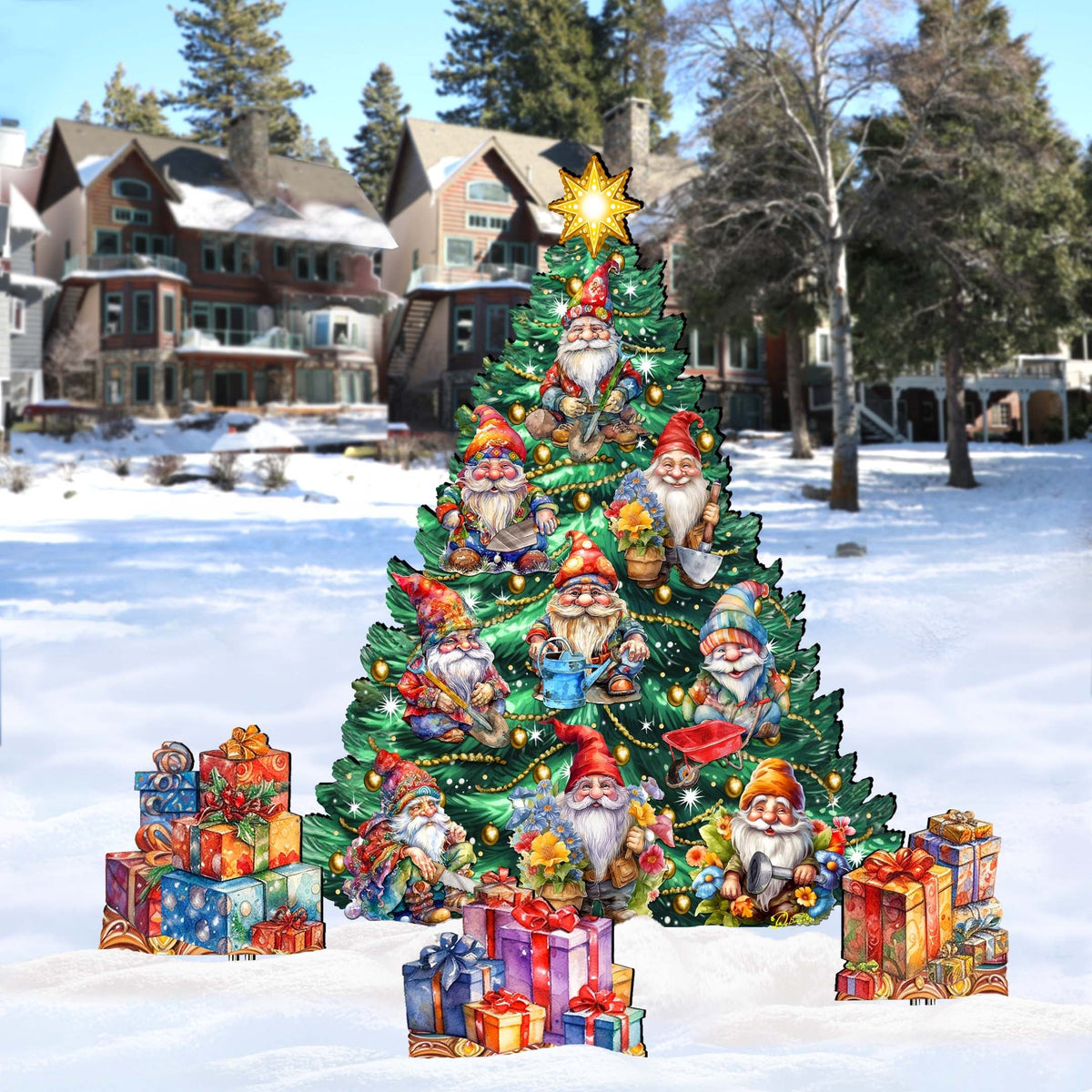 Gnomes-Themed Christmas Tree Set Outdoor Indoor Decor Wooden Christmas Decoration by G. Debrekht Christmas Decor