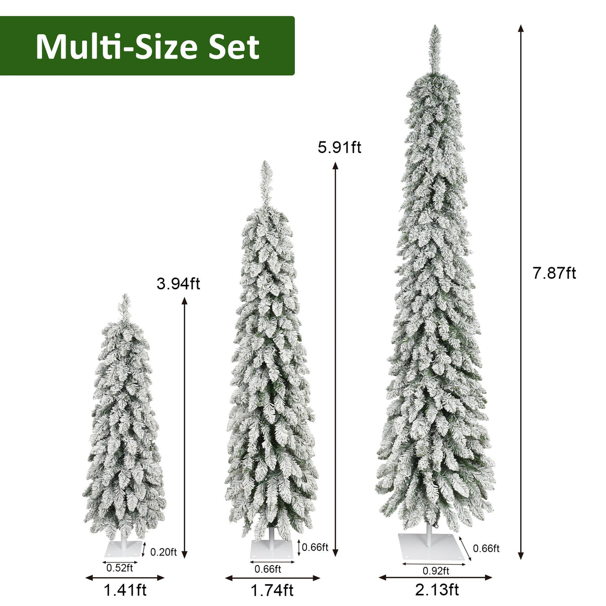Snow Flocked Pre-Lit Pencil Christmas Tree with Warm LED Lights - White