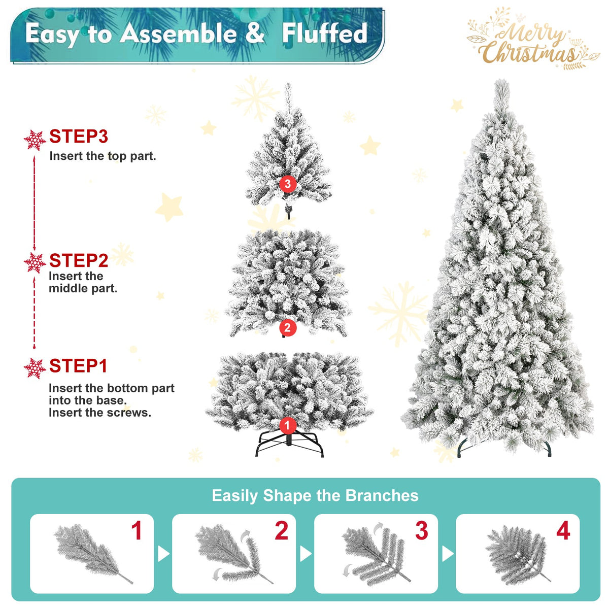 8FT Flocked Christmas Tree with 600 Warm Lights - Snow-Dusted PVC