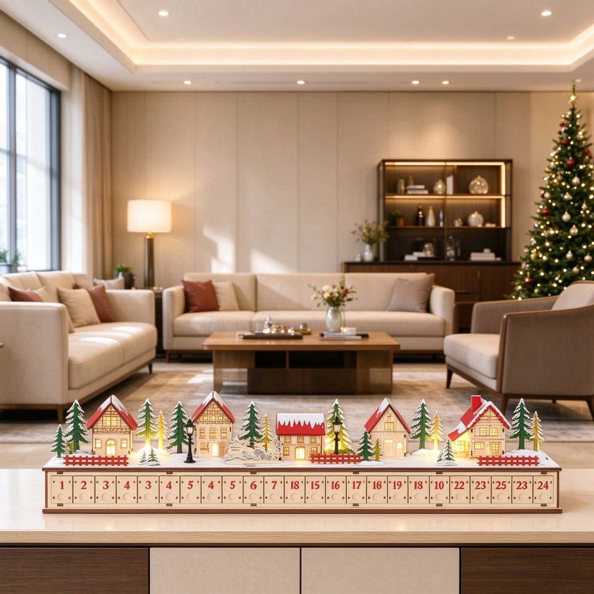 Christmas Advent Calendar with 24 Drawers and LED Lights, Natural Wood-Effect