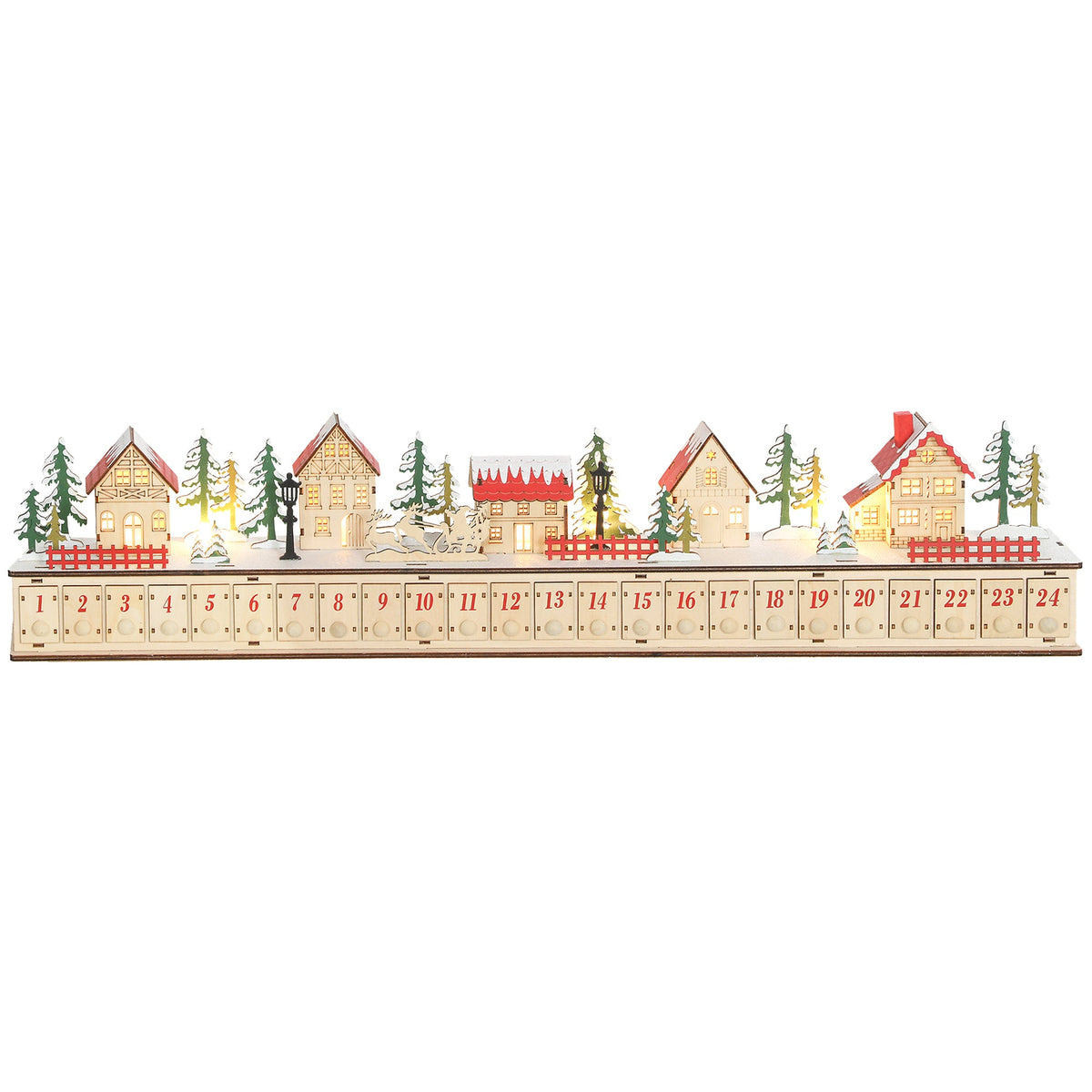 Christmas Advent Calendar with 24 Drawers and LED Lights, Natural Wood-Effect