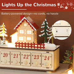 Christmas Advent Calendar with 24 Drawers and LED Lights, Natural Wood-Effect