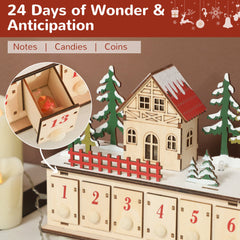Christmas Advent Calendar with 24 Drawers and LED Lights, Natural Wood-Effect