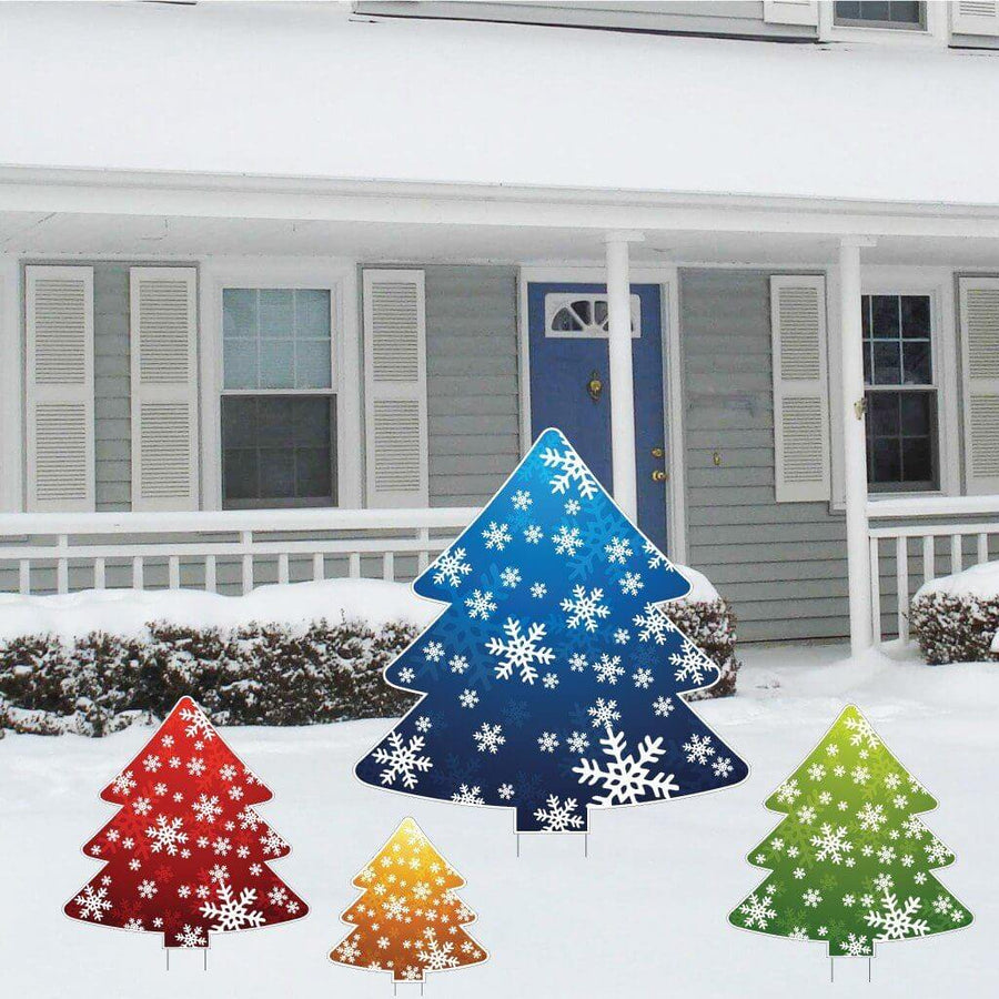 4-Pack Multi-Colored Christmas Tree Yard Decorations Set | Weatherproof Outdoor Lawn Signs with Snowflake Design