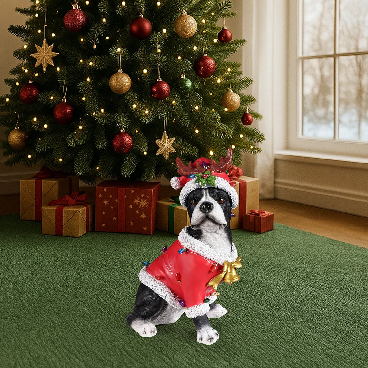 Christmas Boston Terrier Statue with Santa Outfit - Red & White