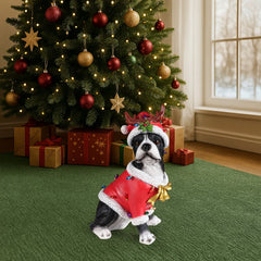 Christmas Boston Terrier Statue with Santa Outfit - Red & White