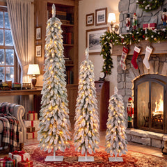 Snow Flocked Pre-Lit Pencil Christmas Tree with Warm LED Lights - White