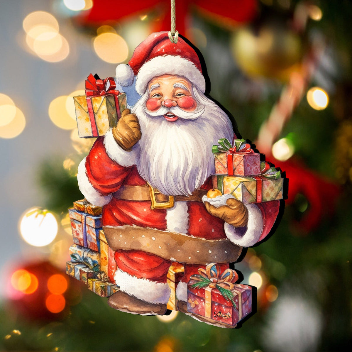 Merry Delivery Santa with Gifts Wooden Ornaments by G. Debrekht Christmas Santa Snowman Decor