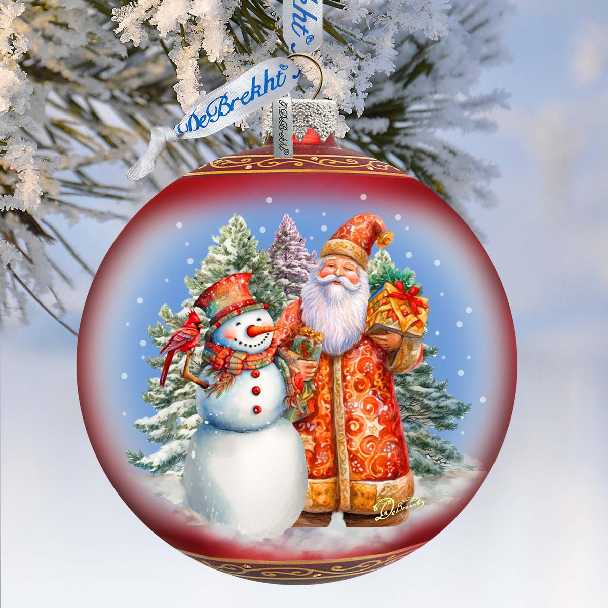 Santas Frosty Friend Lg Glass Ornament by G.Debrekht - Christmas Santa Snowman Decor - 73941