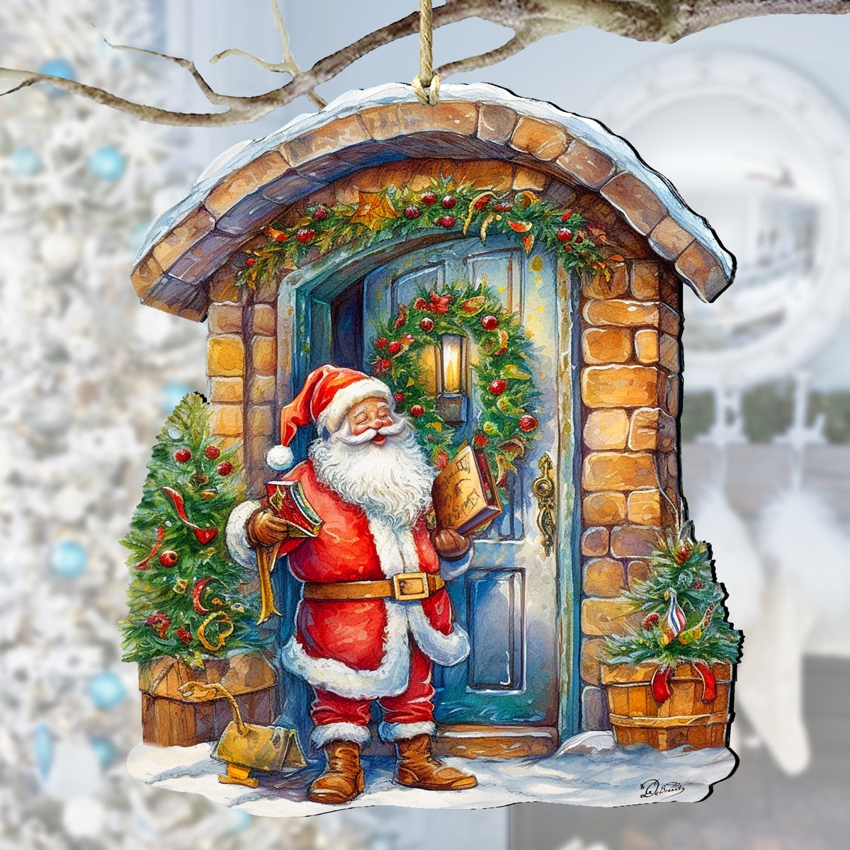 Joyful Moments at the Doorstep Wooden Ornaments by G. Debrekht Christmas Santa Snowman Decor