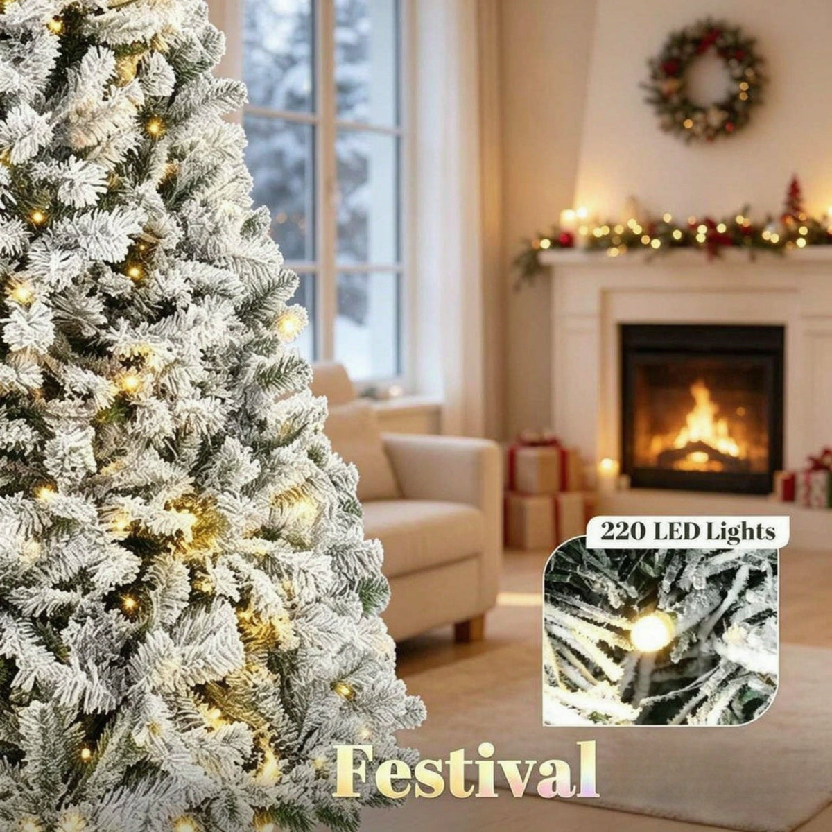 6 Ft Pre-Lit Flocked Fraser Fir Artificial Christmas Tree with Warm White LEDs - Snowy Flocked Finish