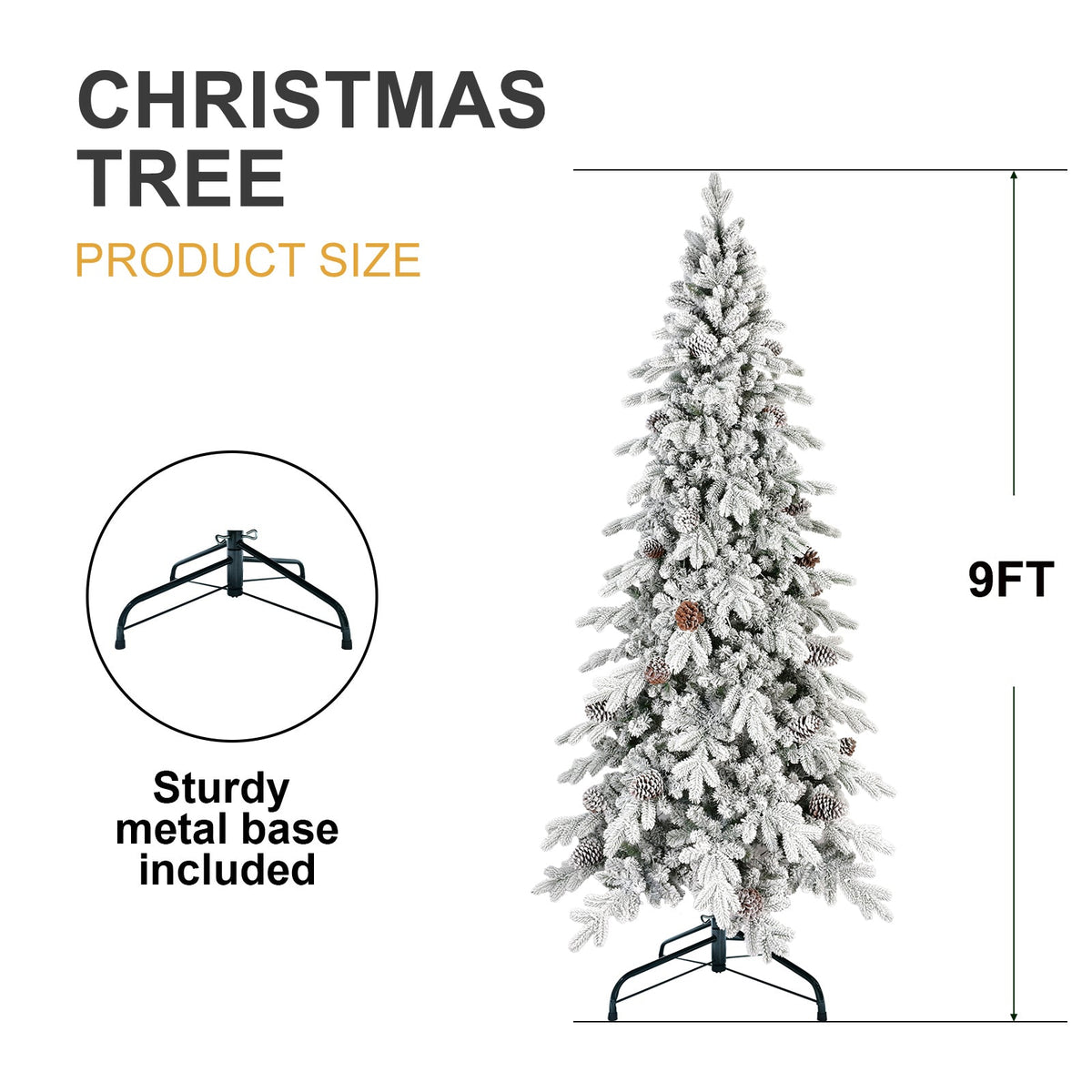 9 Ft Flocked PE/PVC Christmas Tree with Real Pine Cones - Snowy Finish