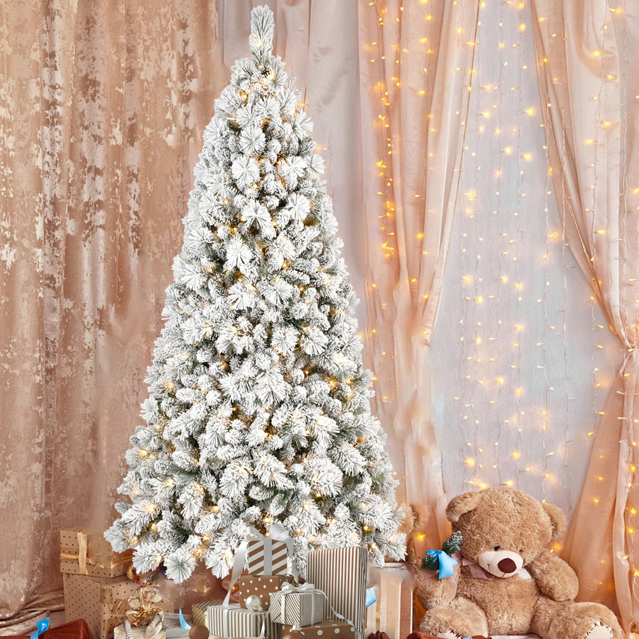 7FT Flocked Christmas Tree with 450 Warm White LED Lights - Snowy Finish