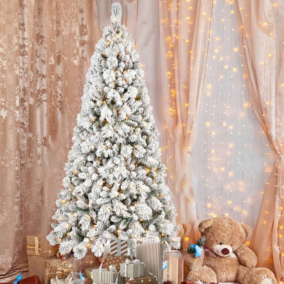 6FT Flocked Christmas Tree with 350 Warm LED Lights - Snowy Finish