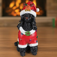 Festive Black Poodle Christmas Statue with Santa Outfit - Black+Red