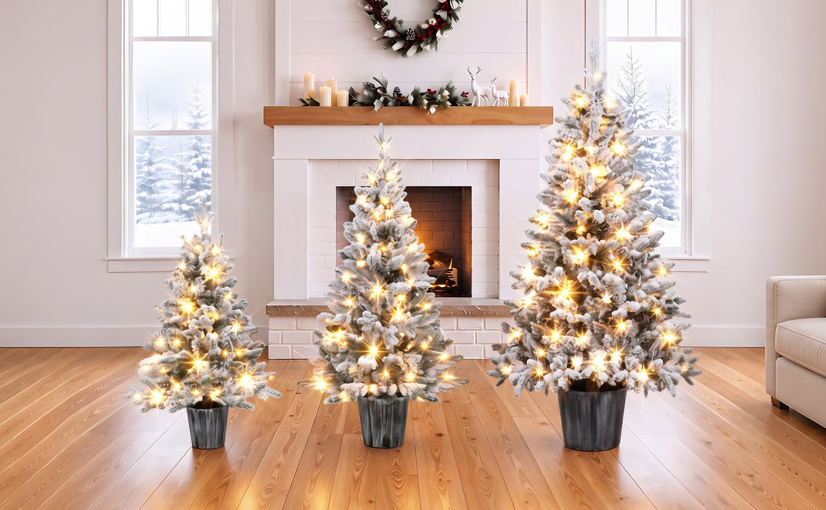 3-Piece Flocked Pre-Lit Christmas Tree Set with Warm White LED Lights - Flocked Finish