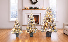 3-Piece Flocked Pre-Lit Christmas Tree Set with Warm White LED Lights - Flocked Finish