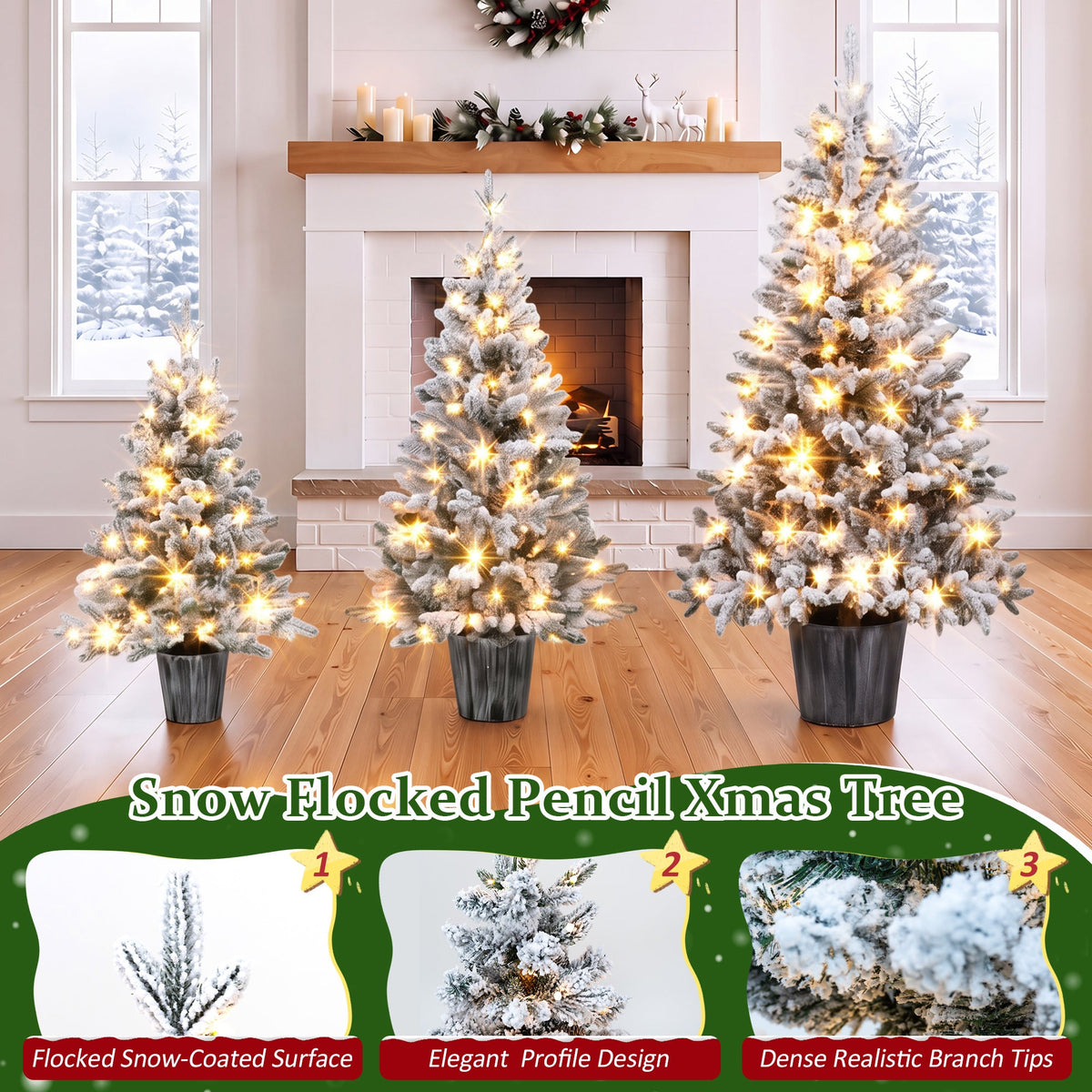 3-Piece Flocked Pre-Lit Christmas Tree Set with Warm White LED Lights - Flocked Finish