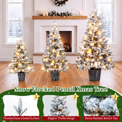 3-Piece Flocked Pre-Lit Christmas Tree Set with Warm White LED Lights - Flocked Finish