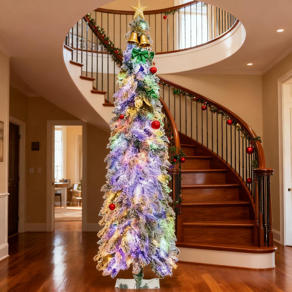 Downswept Shape Christmas Trees,Artificial Slim Christmas Trees,with Snow Frosted Branches, Warm