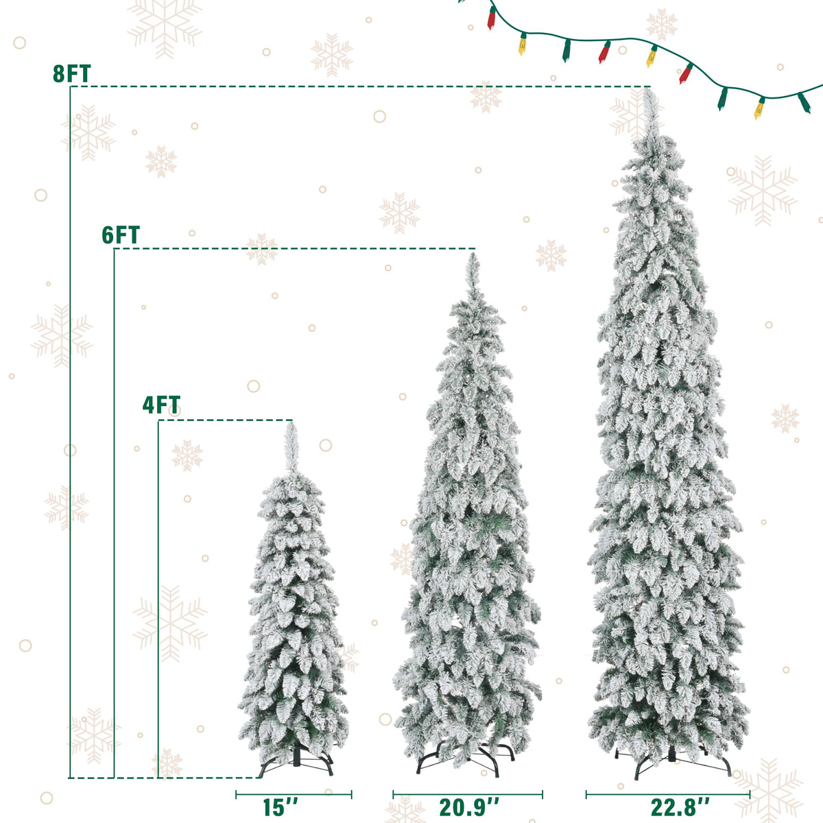 Pre-Lit Pencil Christmas Tree 3-Set, 4ft/6ft/8ft, Snow-Flocked, 290 LED Lights, White and Green