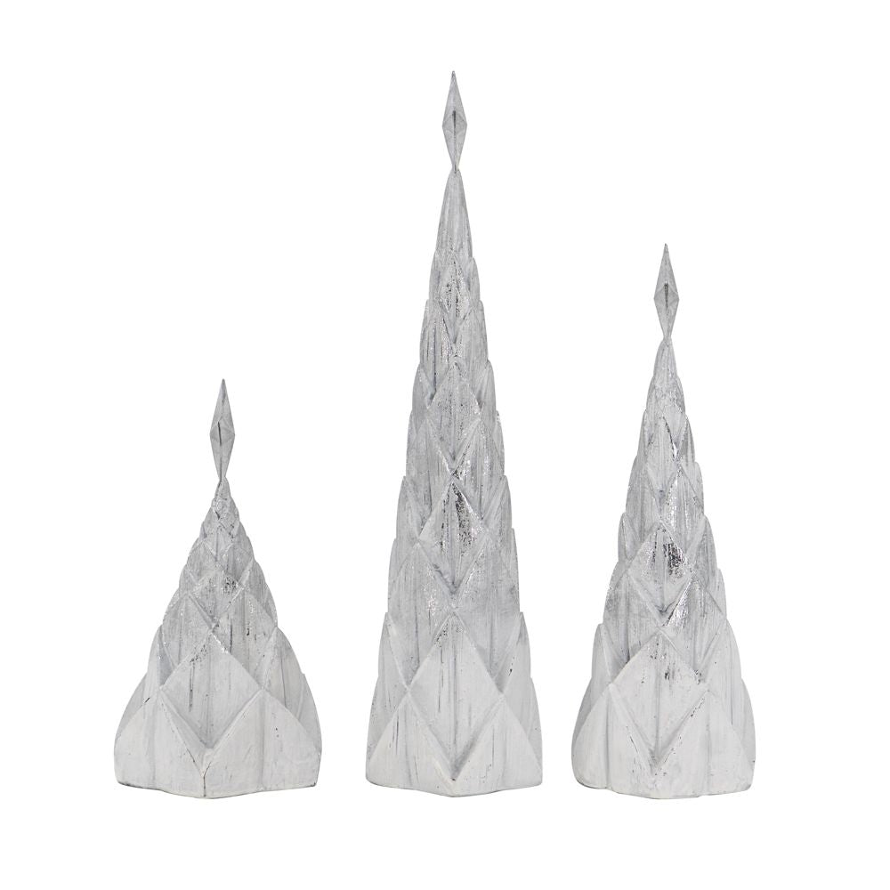 Resin / Foil Christmas Tree With Star Top (Set of 3) - White / Silver