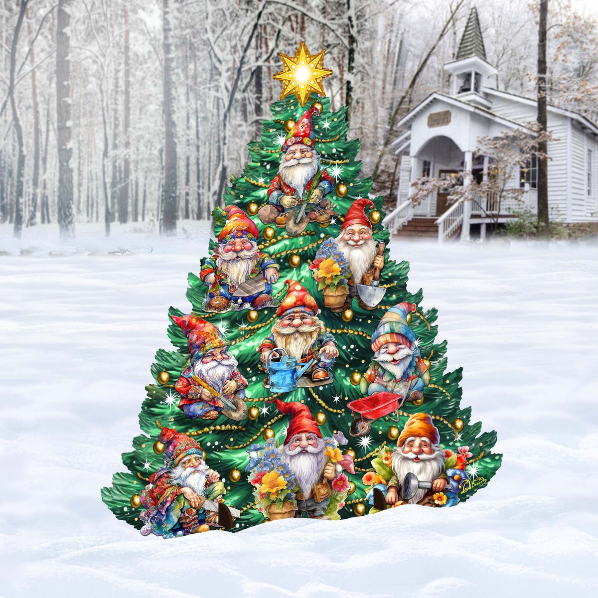 Gnomes-Themed Christmas Tree Outdoor Indoor Decor Wooden Christmas Decoration by G. Debrekht Christmas Decor