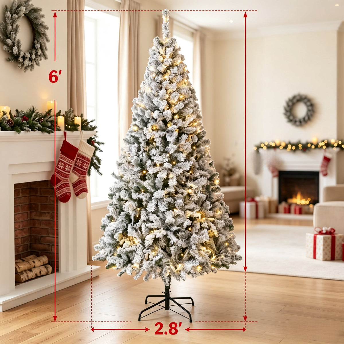6 Ft Pre-Lit Flocked Fraser Fir Artificial Christmas Tree with Warm White LEDs - Snowy Flocked Finish