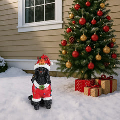Festive Black Poodle Christmas Statue with Santa Outfit - Black+Red
