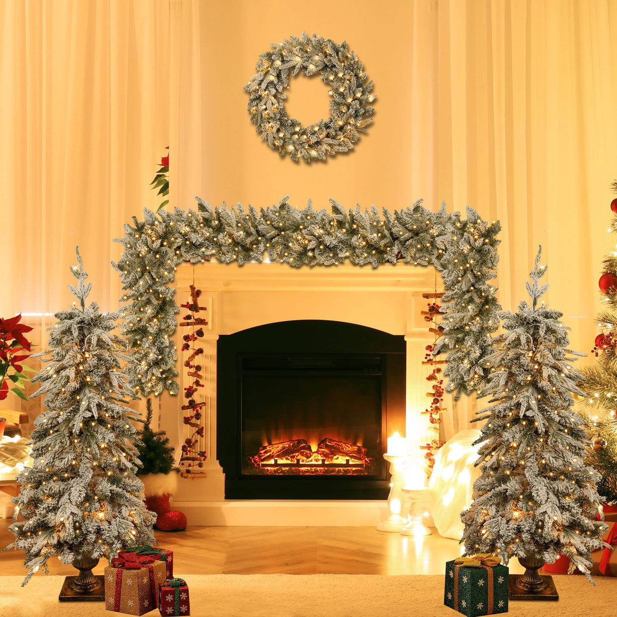 Pre-Lit Artificial Christmas Tree Set with LED Lights - 4-Piece PVC