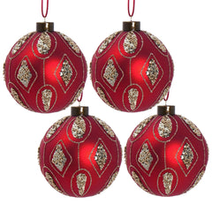 Red Glass Christmas Ball Ornaments with Glitter Detail - Red
