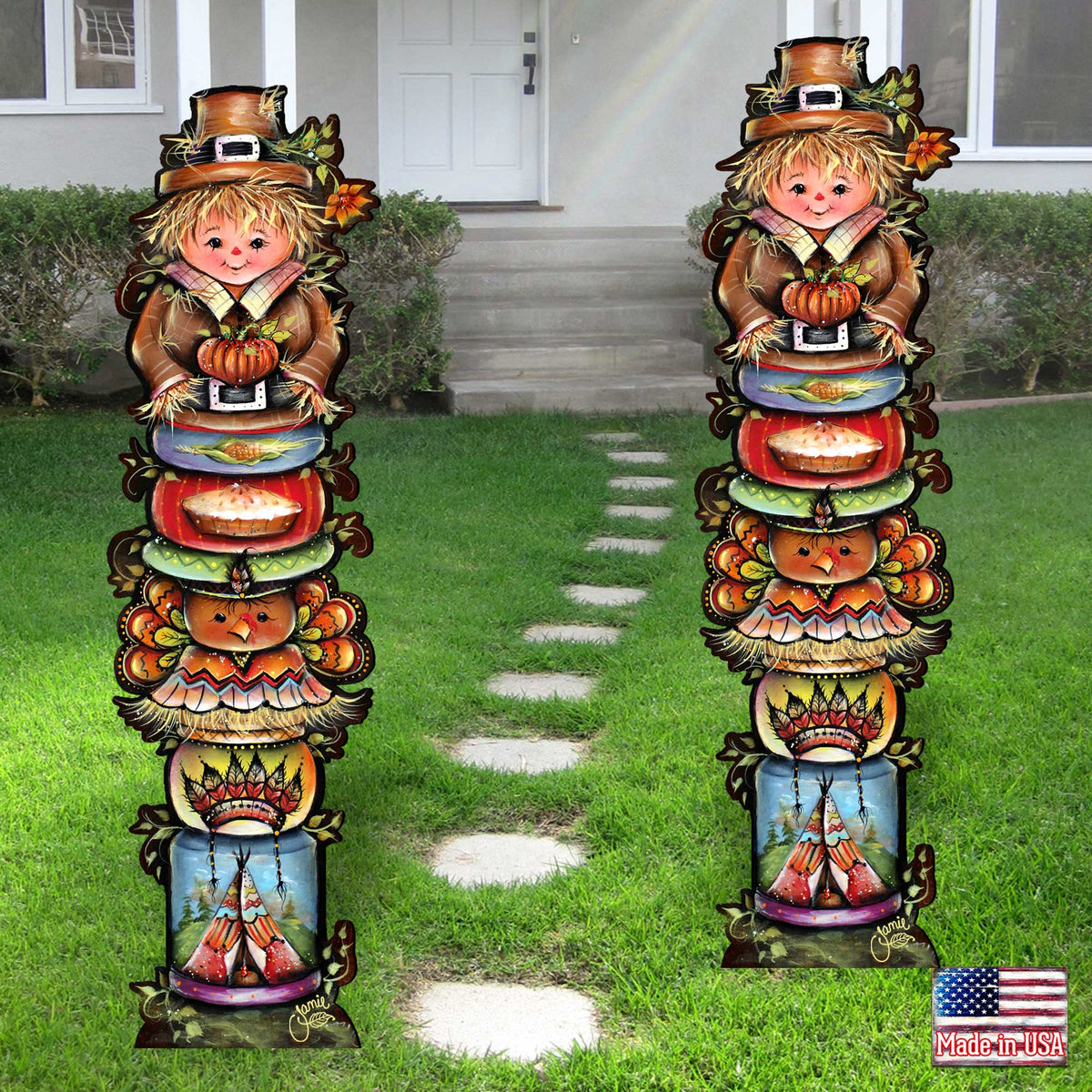 Turkey and Friends Set of 2 Walkway Greeters Outdoor by Jamie Mills-Price - Thanksgiving Halloween Decor