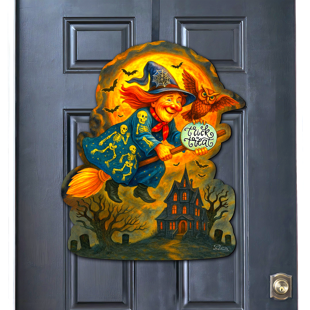 Halloween Flying Witch Door Hanger – Handcrafted Wooden Door Décor by G. DeBrekht