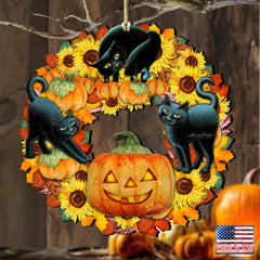 Halloween Cats Holiday Door Wreath by Laura Seeley - Thanksgiving Halloween Decor