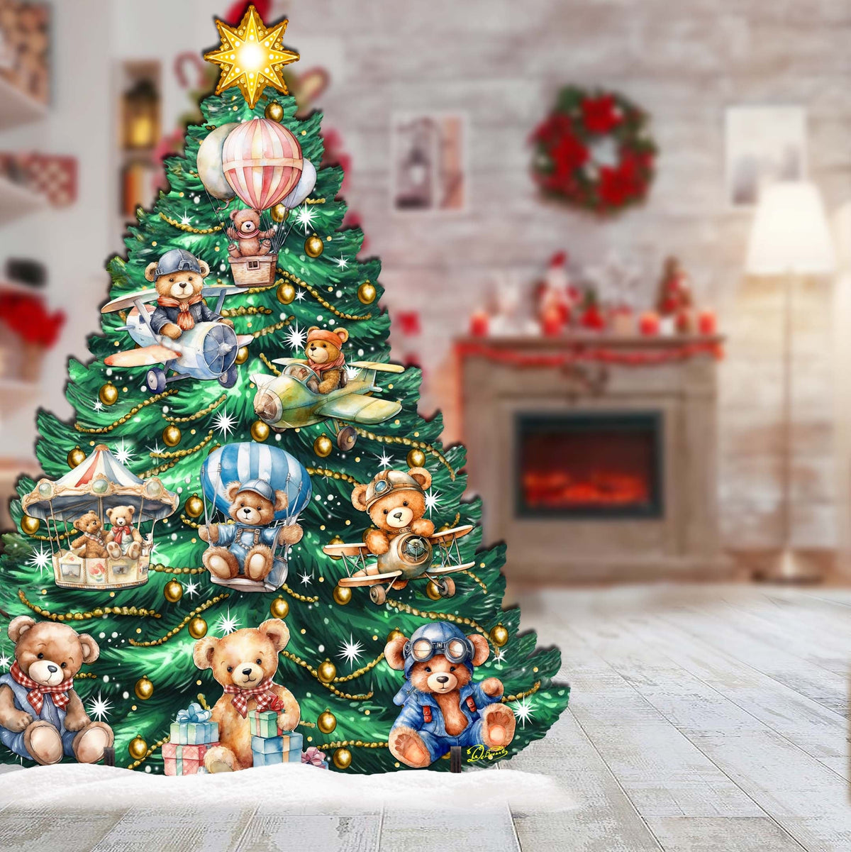 Teddy Bear-Themed Christmas Tree Outdoor Indoor Decor Wooden Christmas Decoration by G. Debrekht Christmas Decor