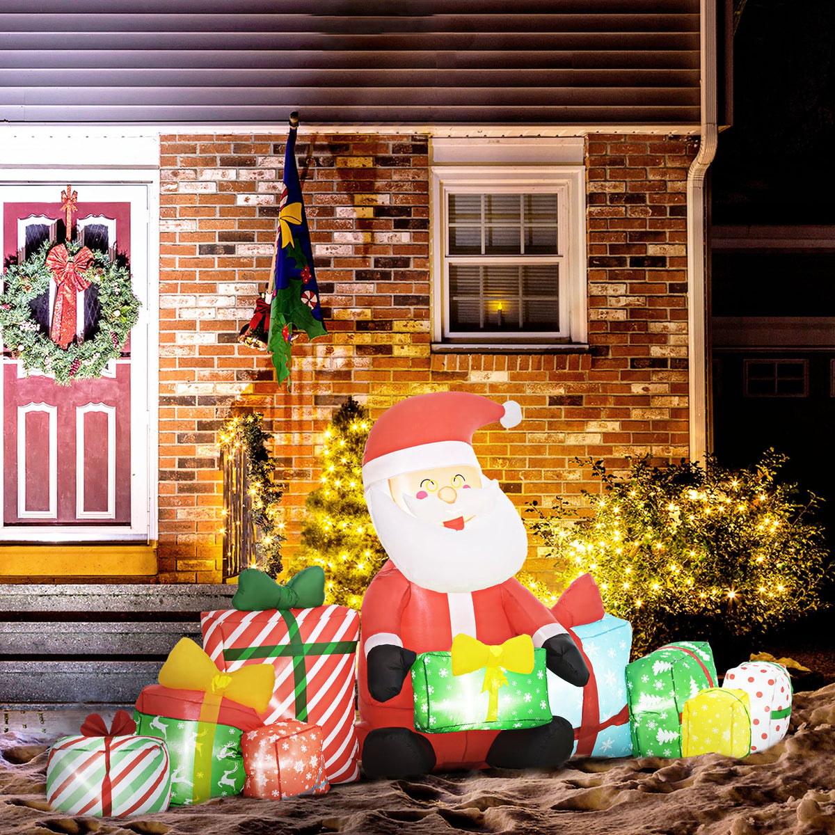 Inflatable Santa Claus with Gift Boxes and LED Lights - Red/White