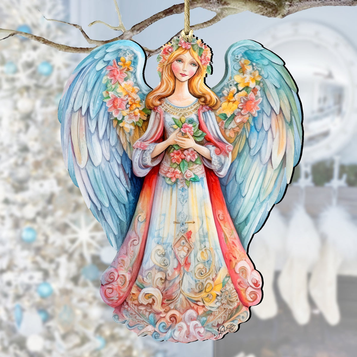 Blue Floral Angel Wooden Ornaments by G. DeBrekht Nativity Holiday Decor
