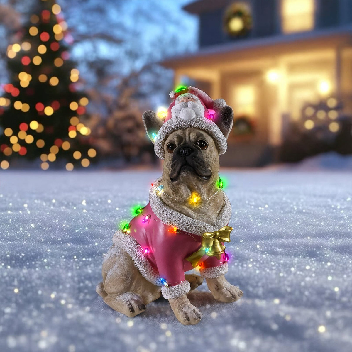 Christmas French Bulldog Statue with Pink Santa Outfit - Multi-Color