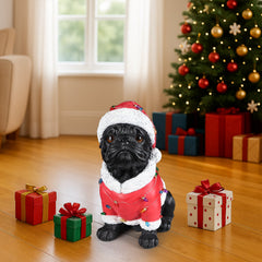 Christmas Pug Statue with Detailed Santa Outfit - Red