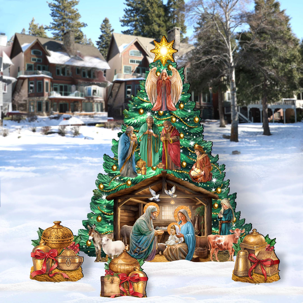 Nativity-Themed Christmas Tree Set Outdoor Indoor Décor Wooden Christmas Decoration by G. Debrekht Christmas Décor