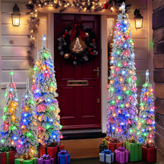 5-Piece Pre-Lit Pencil Christmas Tree Set, 4ft/6ft/8ft, Snow-Flocked, 350 LED Lights
