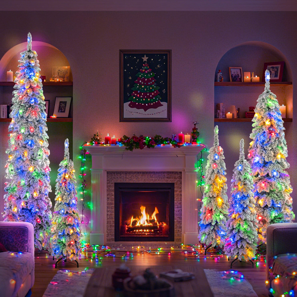 5-Piece Pre-Lit Pencil Christmas Tree Set, 4ft/6ft/8ft, Snow-Flocked, 350 LED Lights