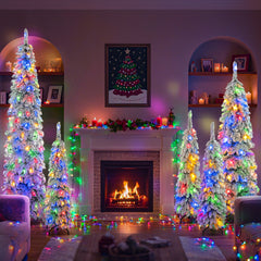 5-Piece Pre-Lit Pencil Christmas Tree Set, 4ft/6ft/8ft, Snow-Flocked, 350 LED Lights