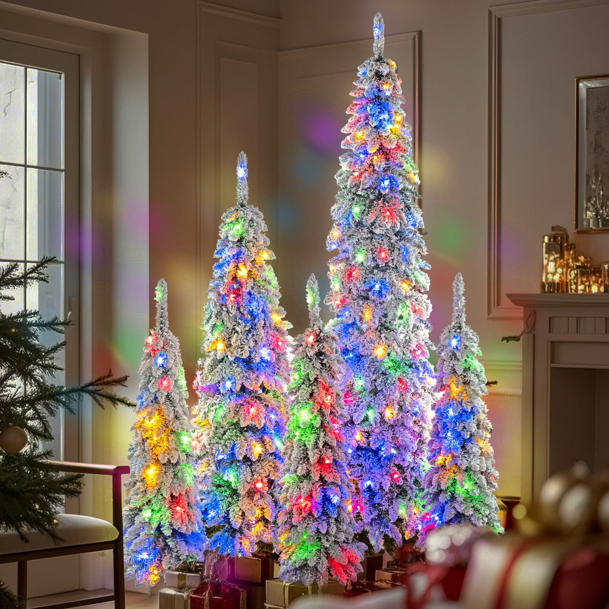 5-Piece Pre-Lit Pencil Christmas Tree Set, 4ft/6ft/8ft, Snow-Flocked, 350 LED Lights