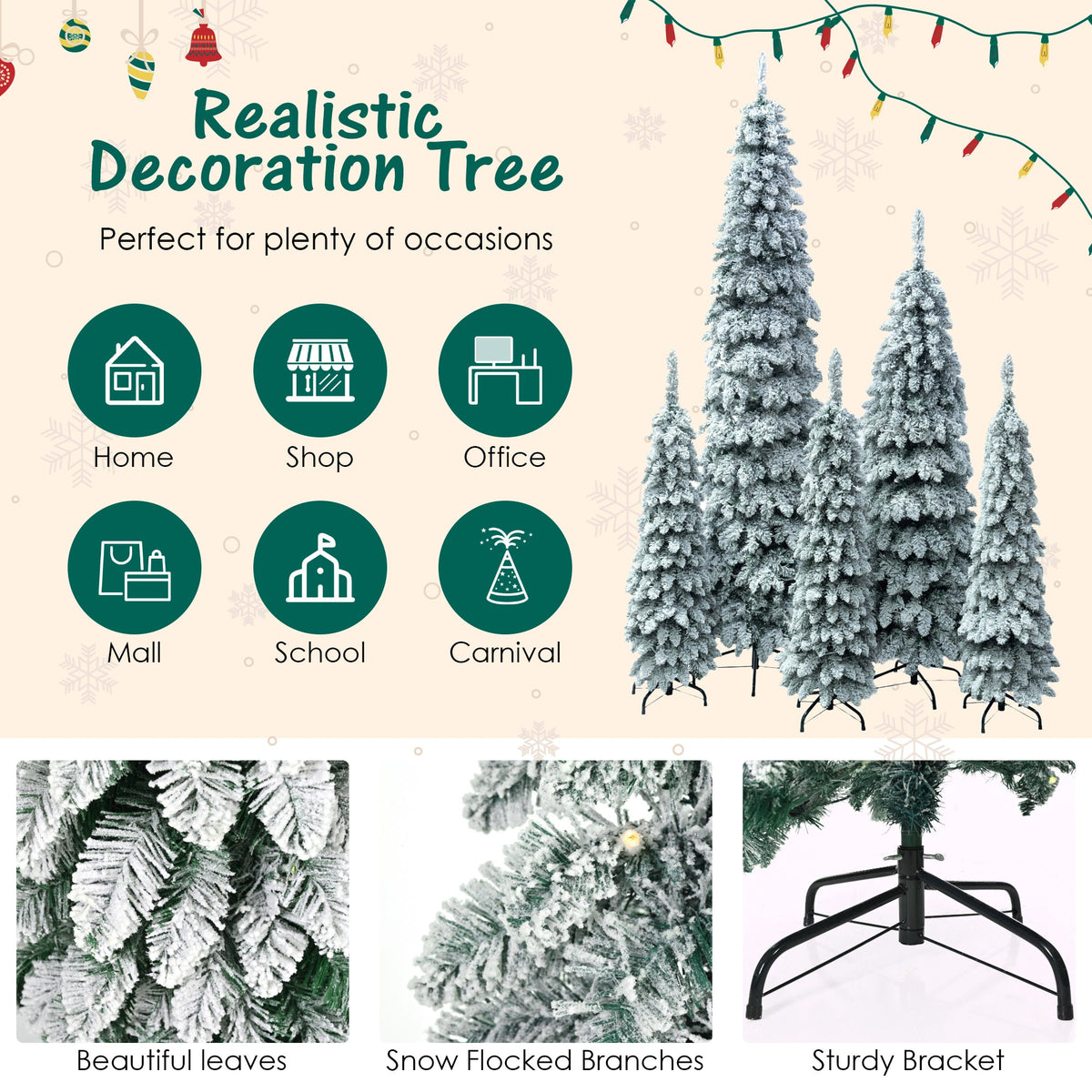 5-Piece Pre-Lit Pencil Christmas Tree Set, 4ft/6ft/8ft, Snow-Flocked, 350 LED Lights