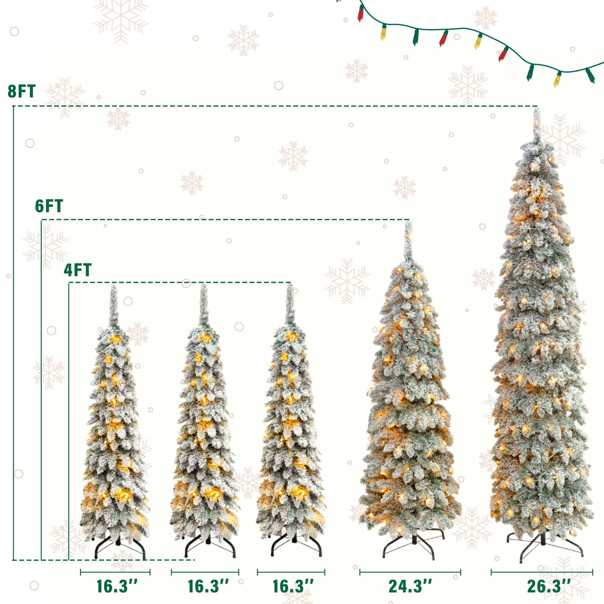 5-Piece Pre-Lit Pencil Christmas Tree Set, 4ft/6ft/8ft, Snow-Flocked, 350 LED Lights