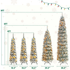 5-Piece Pre-Lit Pencil Christmas Tree Set, 4ft/6ft/8ft, Snow-Flocked, 350 LED Lights