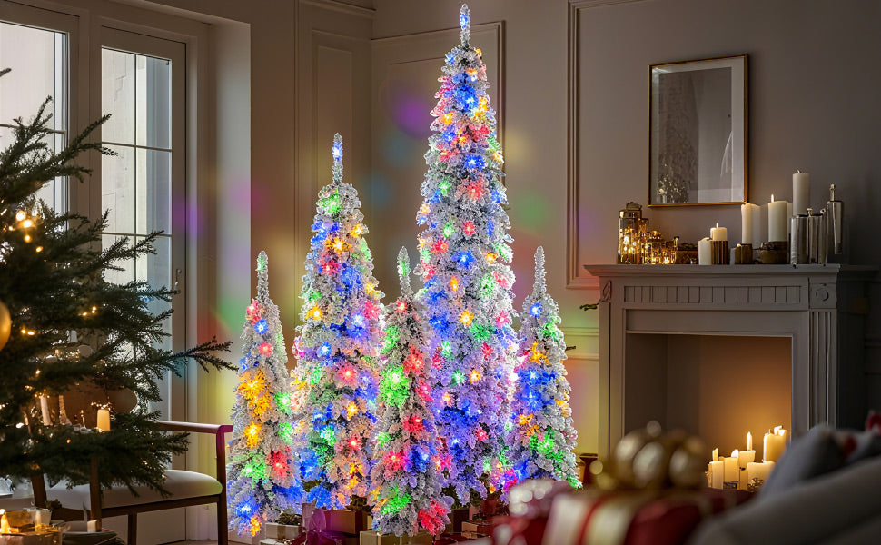 5-Piece Pre-Lit Pencil Christmas Tree Set, 4ft/6ft/8ft, Snow-Flocked, 350 LED Lights